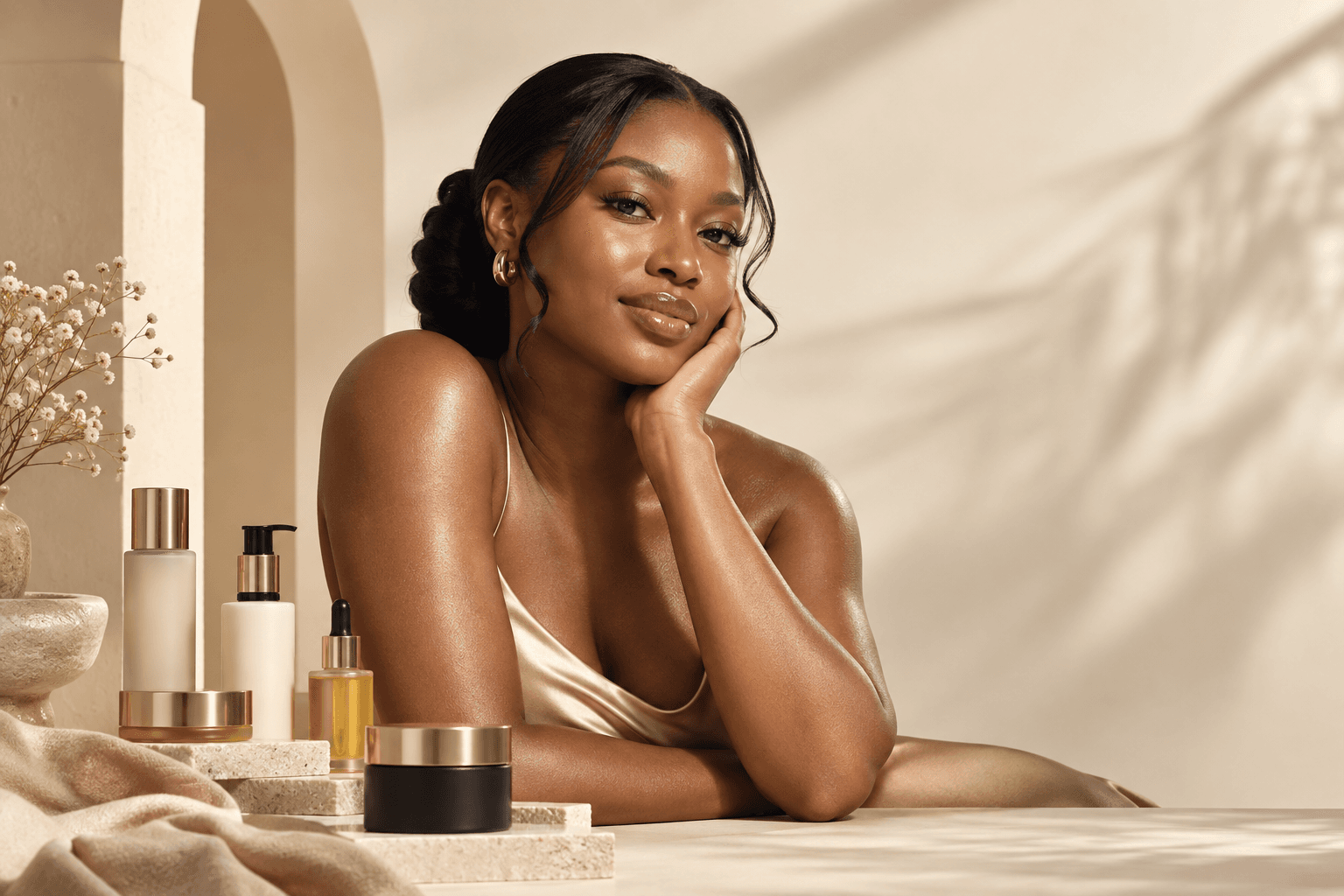 Nigerian woman with a curated skincare collection